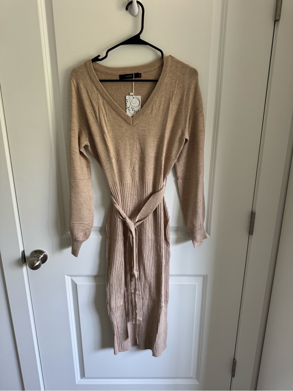 Beige Ribbed Neck Knit Dress - Picture 2 of 4